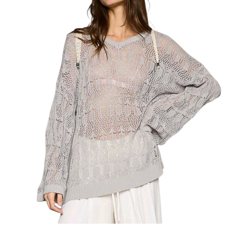 POL Gray‎ Crochet Knit Hooded Sweater Boho Hoodie Open Knit Top Size Small